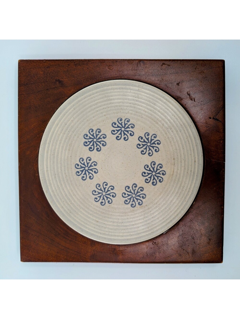 Vintage Stoneware Trivet Blue Floral Pattern Wood Frame - READ